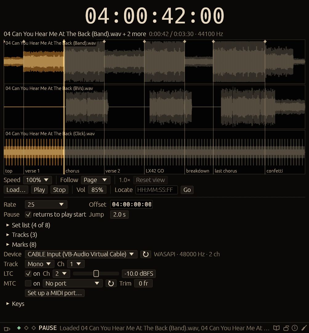 The Synphonos window: a large gold timecode readout above three stacked stem waveforms with named marks, then the transport, rate and offset, set list, and the output device, LTC and MTC rows.